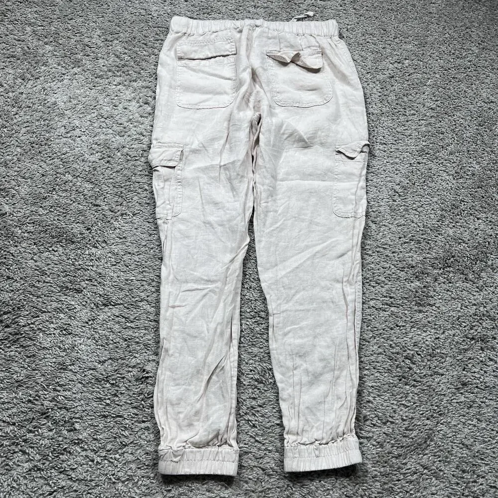 Nicole Miller 100% Linen Cargo Pants Utility Joggers Beige Lagenlook Medium - Picture 9 of 10